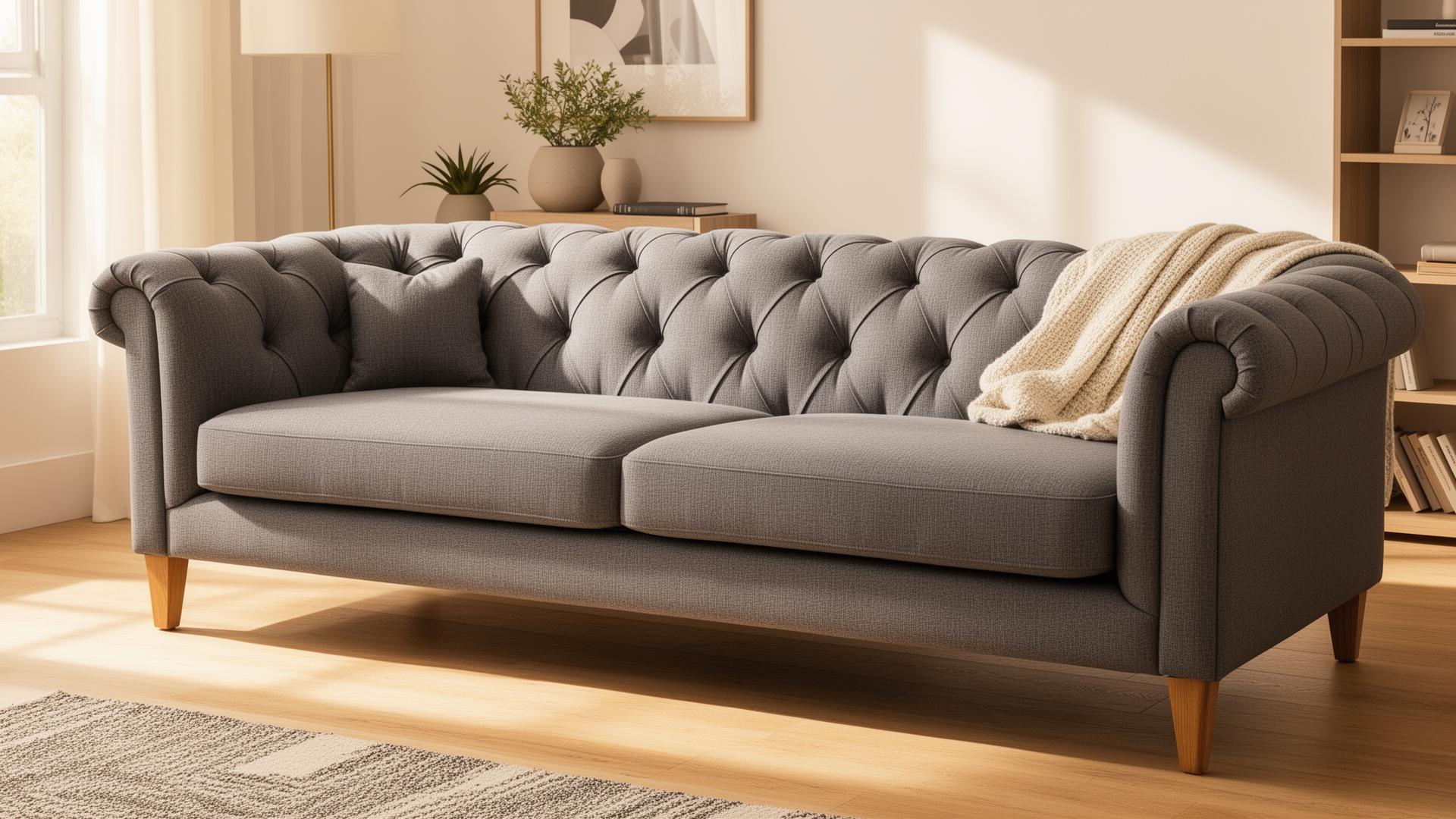 Sillón tapizado en tela clara en un living con luz natural